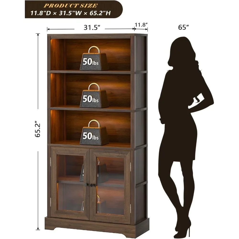 65" 5-Tier Bookshelf with Multi-Color Ambient Lights & APP Control, Tall Display Shelf with Doors, Rustic Brown for Living Room, Bedroom, Study view 3