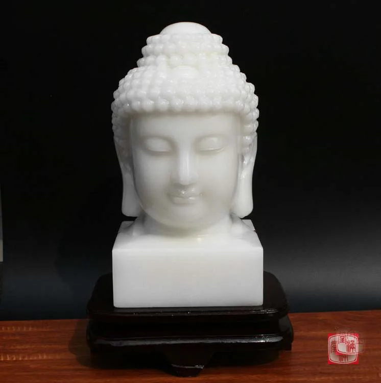 Large 30CM Home family Decorative Buddha Talisman Blessing safe GOOD Luck Sakyamuni Buddha white Jade carving Sculpture statue
