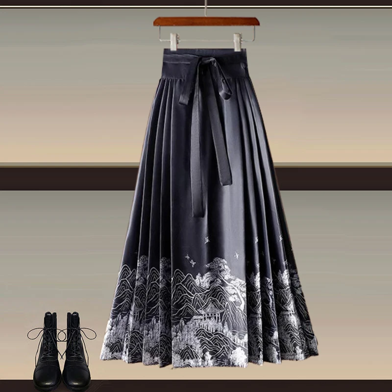 

Новая юбка Ханьфу макси длины, стройнящая, скрывающая недостатки фигуры, женская одежда, скрывающая бедра, весна 2024, полиэстер