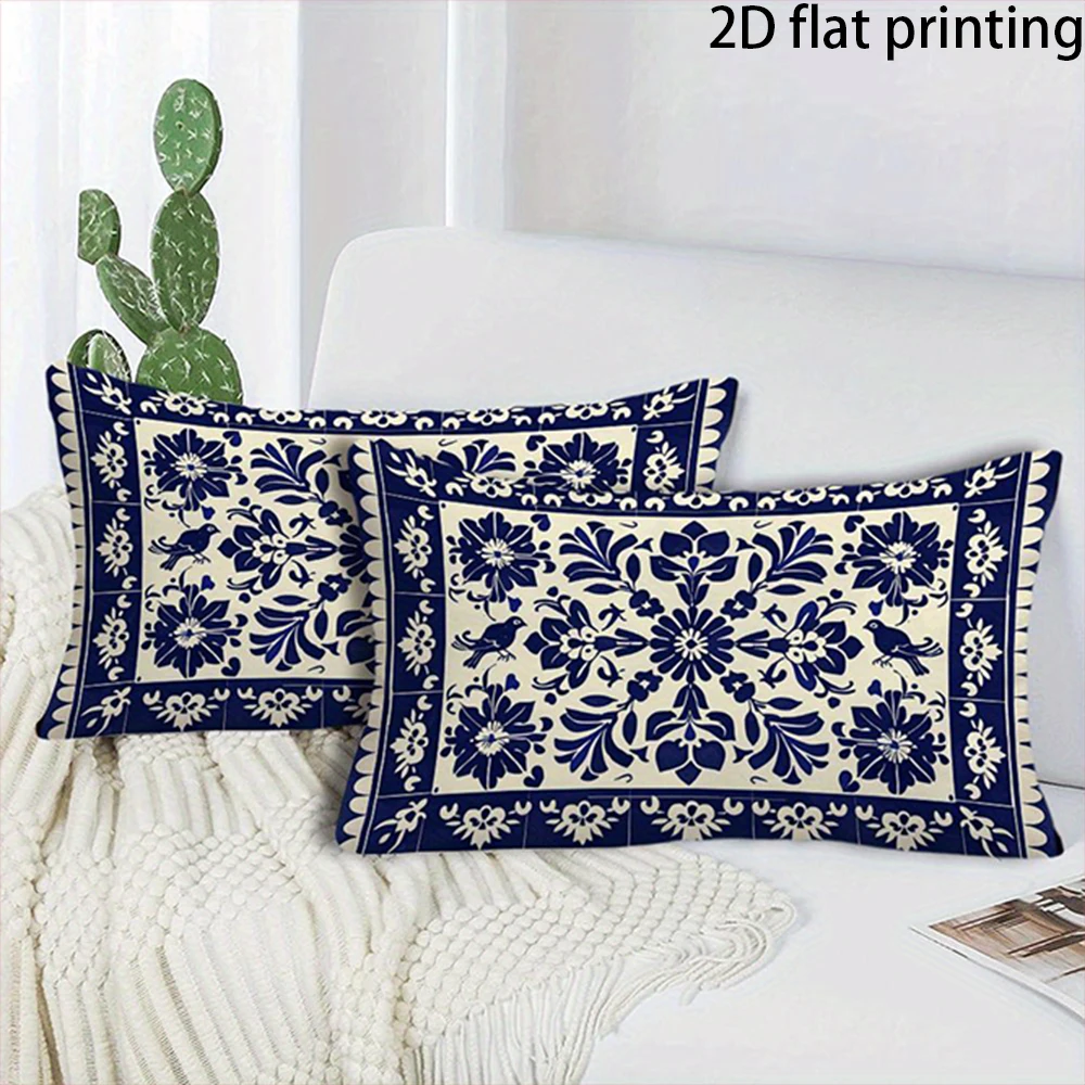 Two-piece suit Blue & White Floral Pillowcases , Used for sofas, chairs, cars, decorative cushion covers, pillowcases.