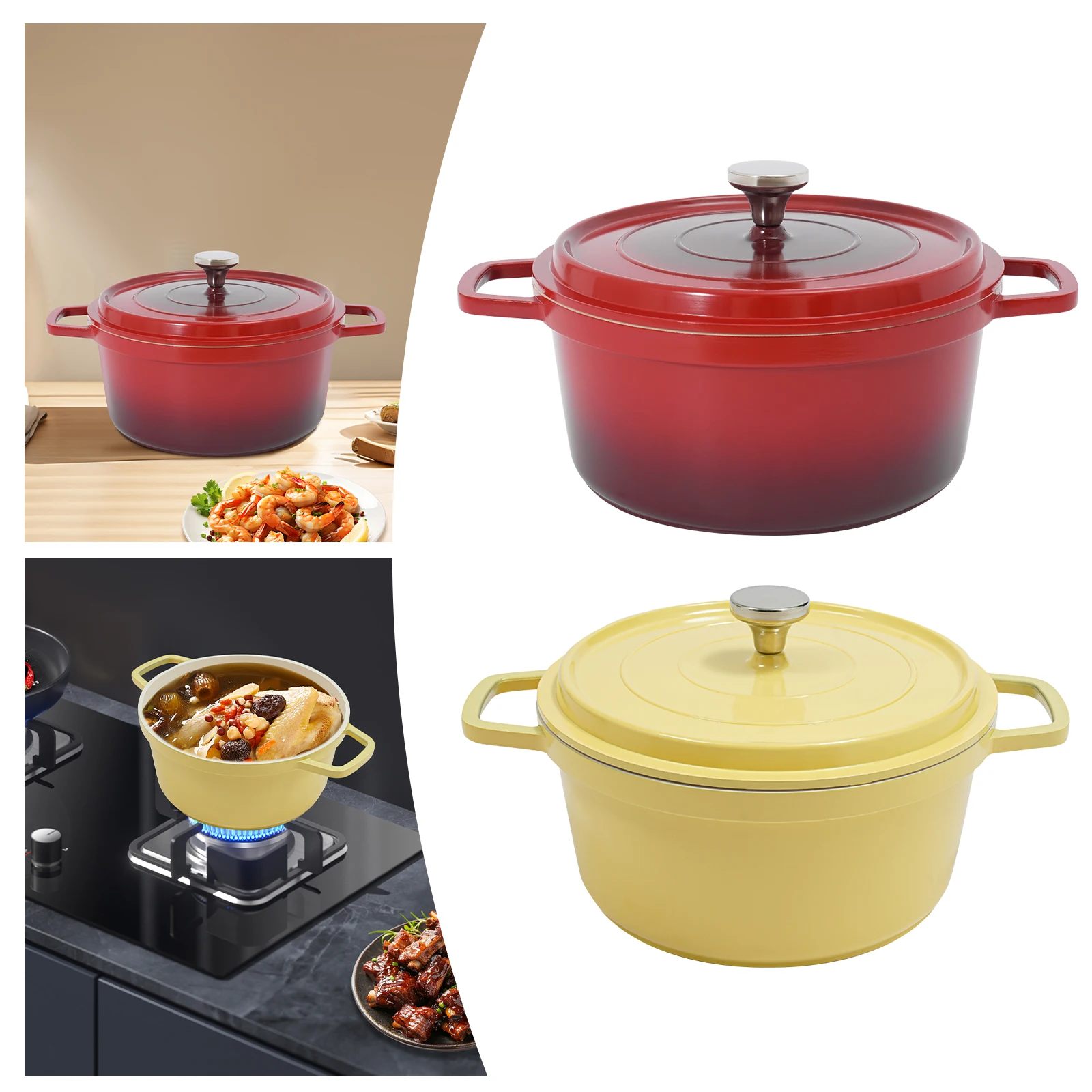 Rot/gelber Eintopf aus Aluminiumlegierung mit Deckel, 24 cm runder 4 l Keramik-Eintopf, anwendbar 1–4 für Gasherde, Induktionsherde