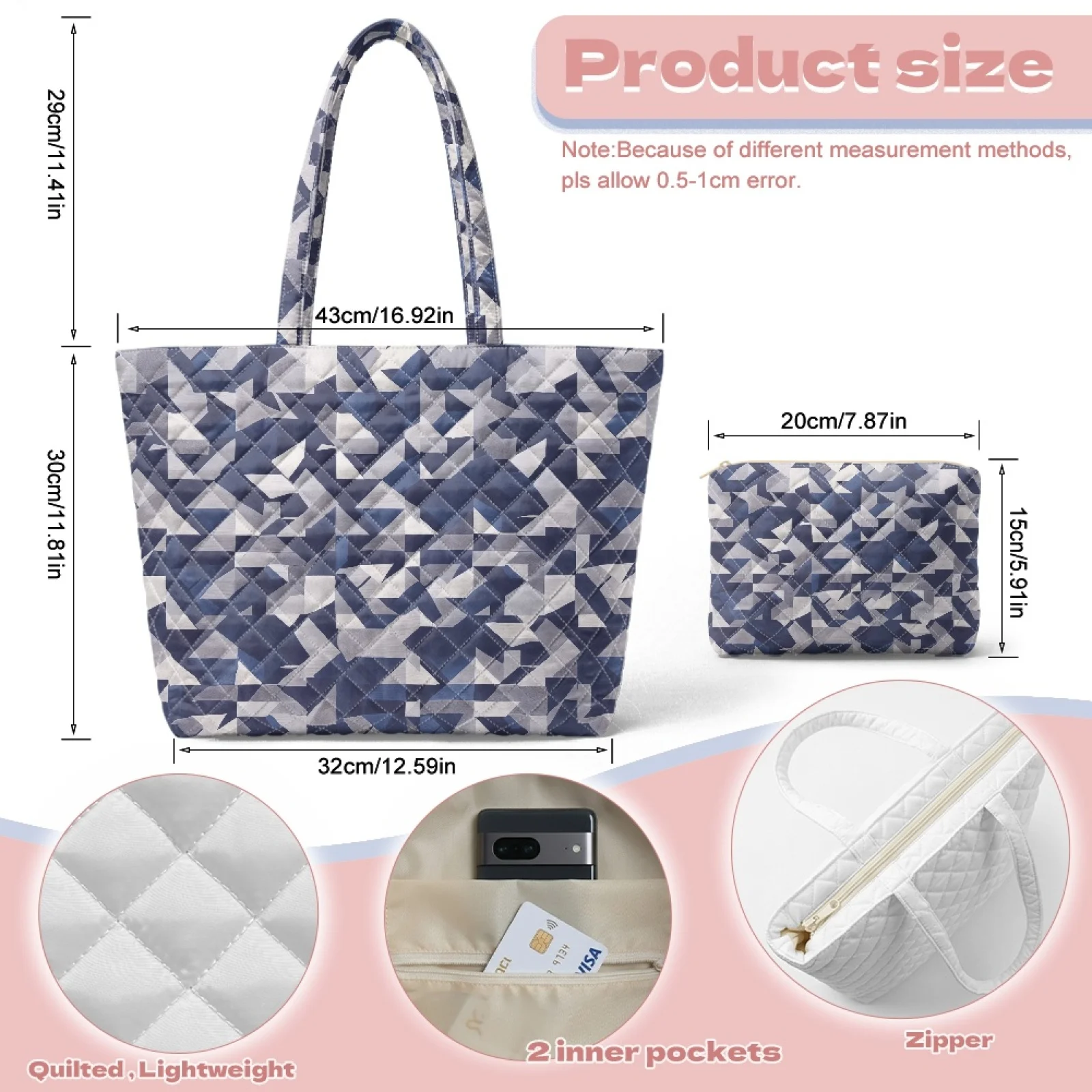 Coloranimal Starfish Seashell Set 2 Piece Quilted Shoulder Bag Inner Pockets Tote Bag with Matching Cosmetic Bag for Activities