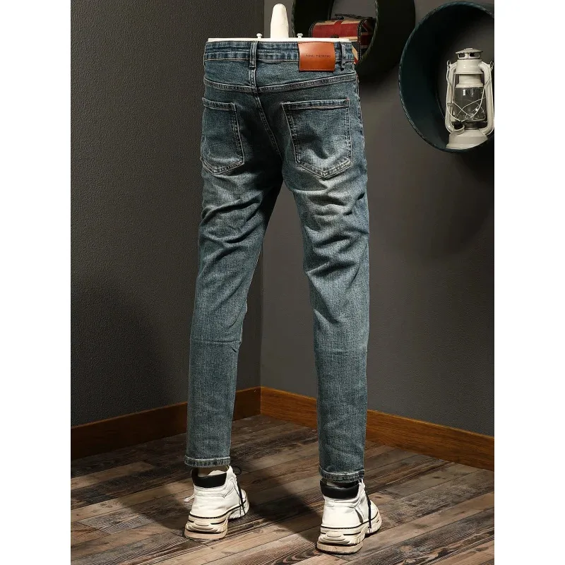 

retro jeans men's High end trendy brand simple distressed blue scratch elastic slim fit small foot long pants
