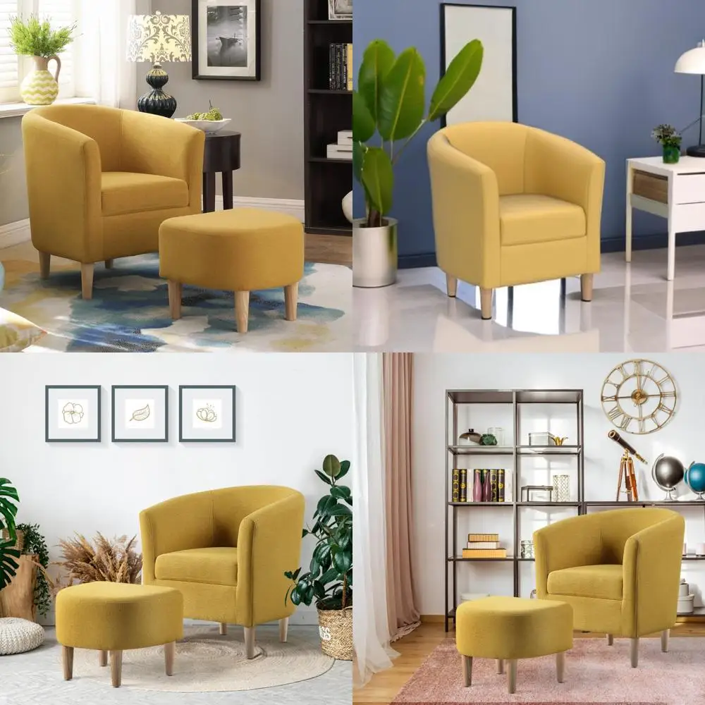 

Upholstered Linen Fabric Armchair with Ottoman in Mustard Yellow for Comfortable Seating