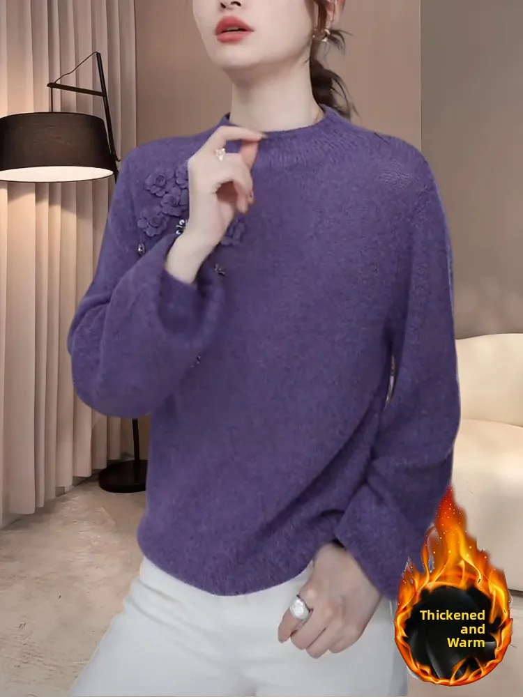 

Warm Knitted Long Sve round Ne Women's Faionable 3D Flower Purple Top Casual Loose Fit Soft Knitwear for Daily Wear