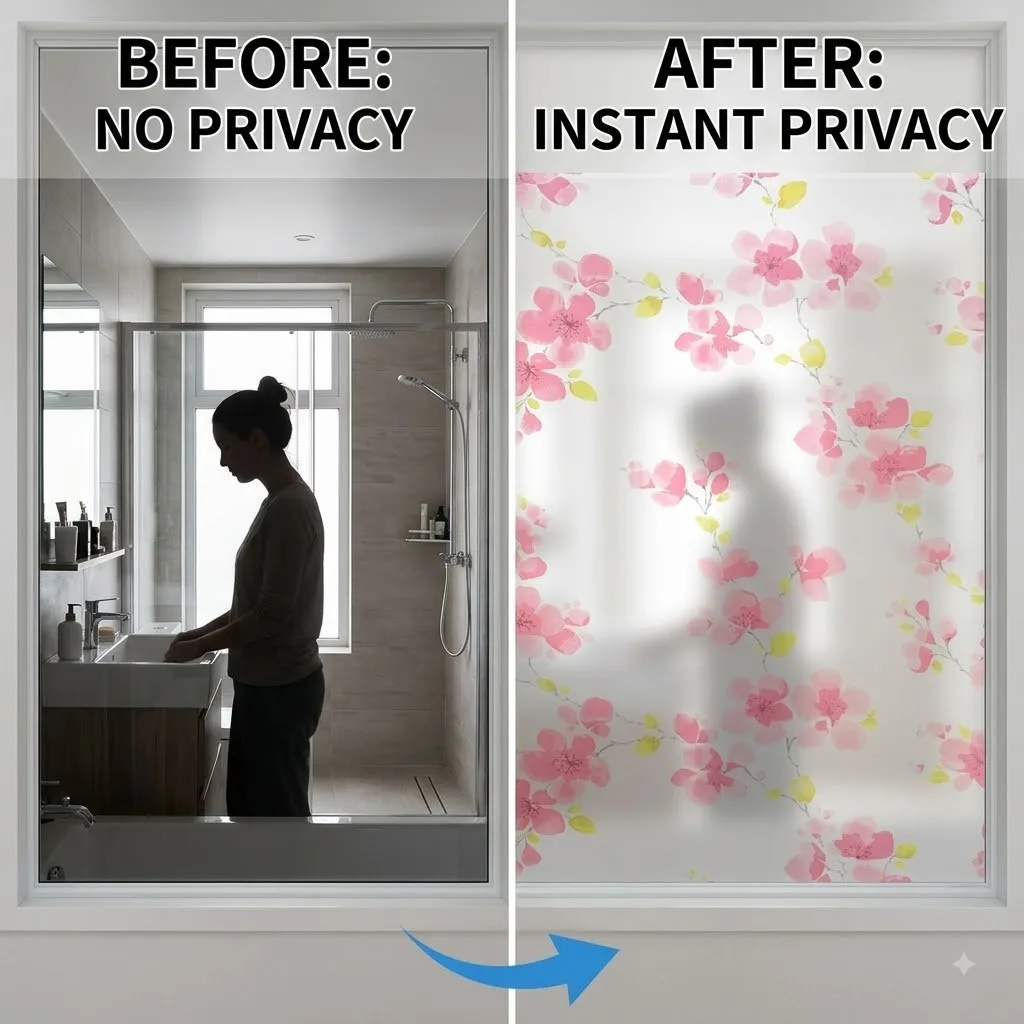 Decorative Self‑Adhesive Glass Window Sticker Pink Sakura Flower Branch Frosted Window Film UV Blocking Home Bathroom Decoration