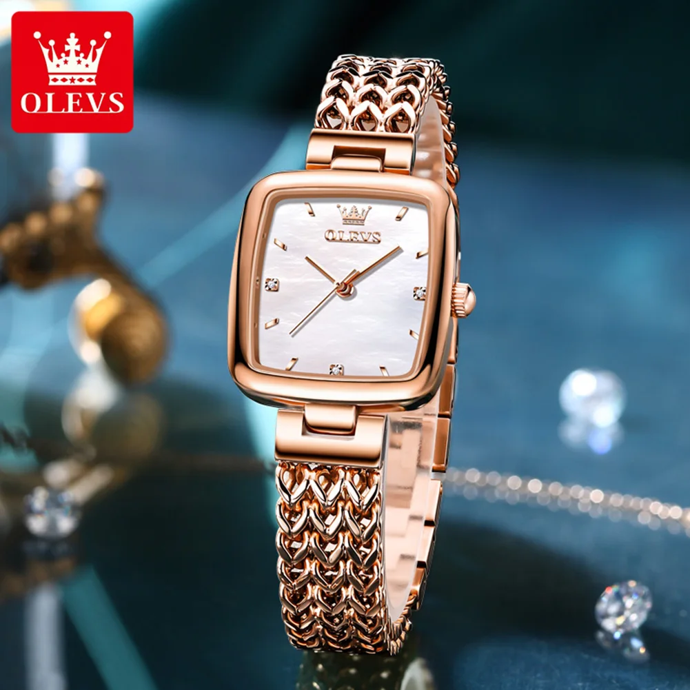 OLEVS 9951 Luxury Quartz Watch for Women Solid Stainless Steel Strap Rose Gold Women\'s Watches Elegant Square Ladies Wristwatch