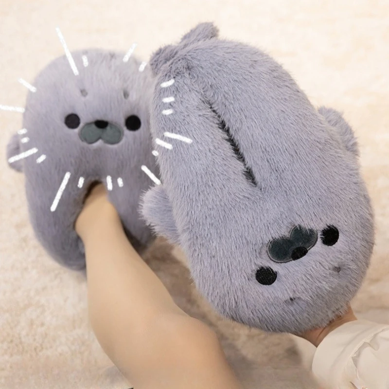 New Cute Cartoon Seal Indoor Fluffy Shoes For Women Winter Cotton Slippers Warm Plush Anti-slip Female Home Floor Fluffy Slides