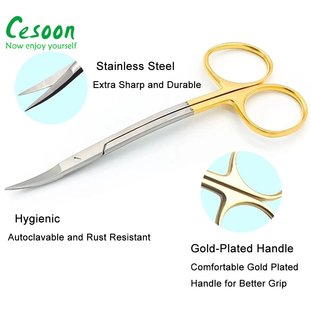 11.5CM Dental Surgical Double Curved S Scissors Gold Plated Handle Stainless Steel Dental Tools for Clinic Lab Instrument