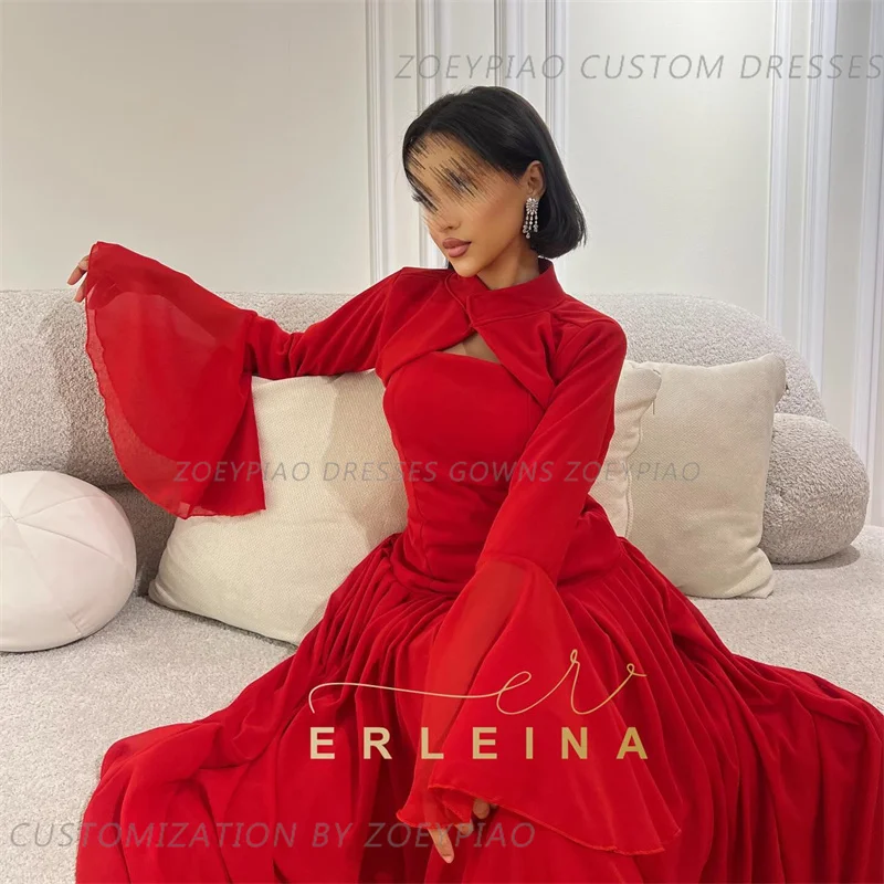 Red A-line Chiffon Formal Occasion Evening Dresses Sweet High Neck vestidos de fiesta Arabic Full Sleeves Dubai Porm Dresses