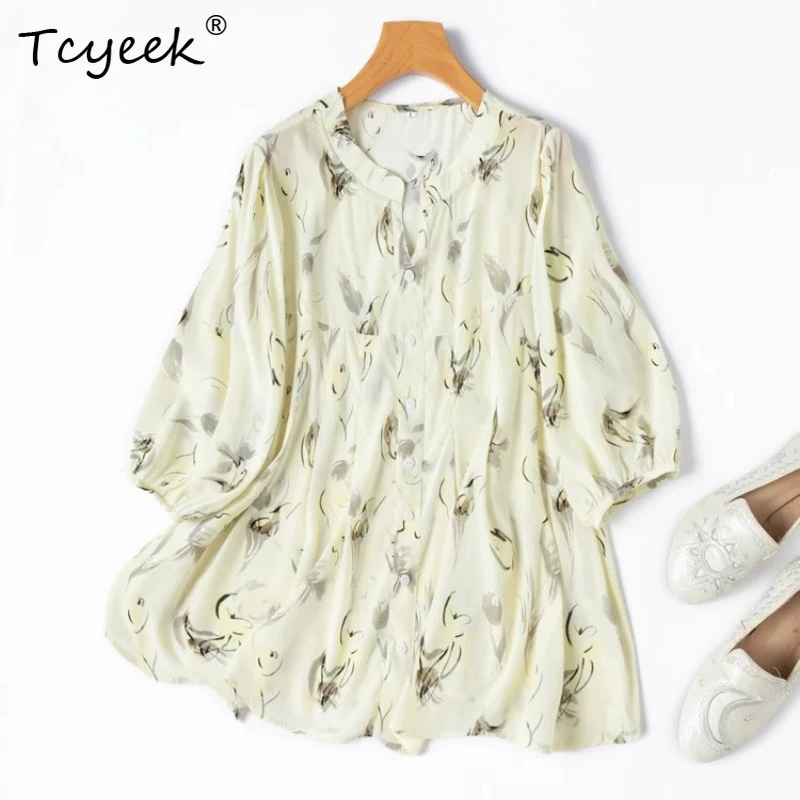 Tcyeek 93% Real Silk Blouses for Women 2026 Spring Summer Fresh and Elastic Lantern-sleeve Shirts Woman Clothing Рубашка Женская
