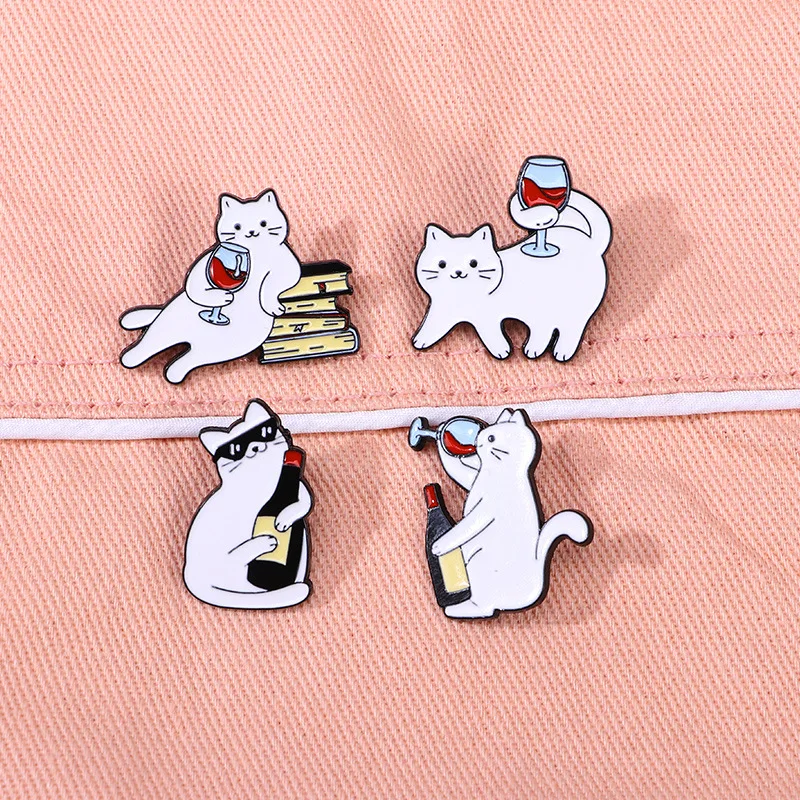 white cat drinking red wine enamel Pins Brooches Decoration label jewelry Badges For bag Clothes Backpack accessories DIY gift