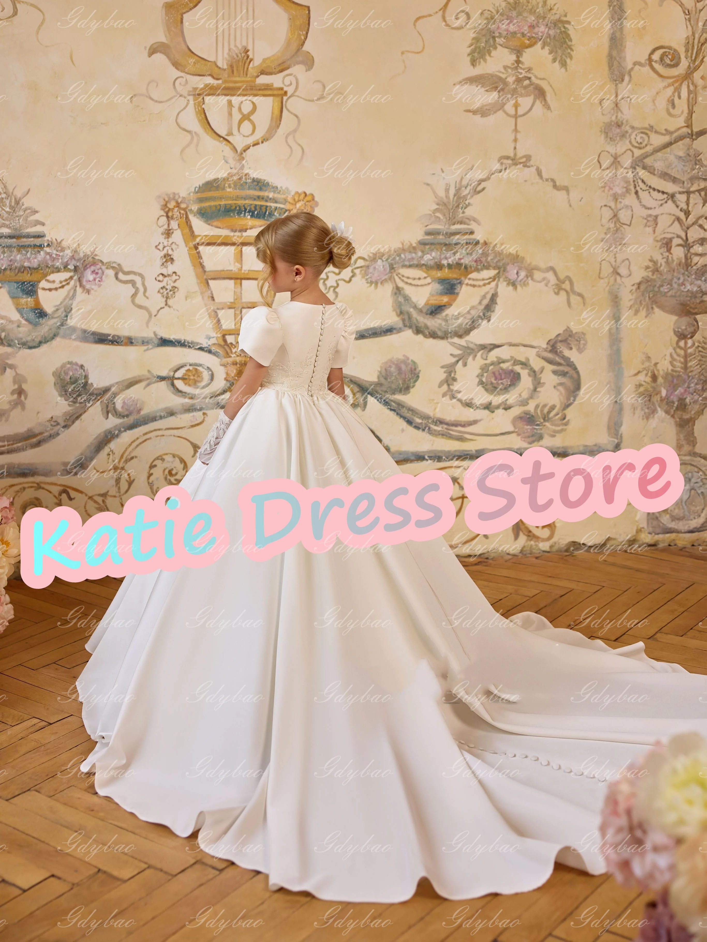 

Белое атласное платье с цветочным узором для девочек на свадьбу, аппликация с накидкой, детские бальные платья принцессы для дня рождения, первого причастия по индивидуальному заказу