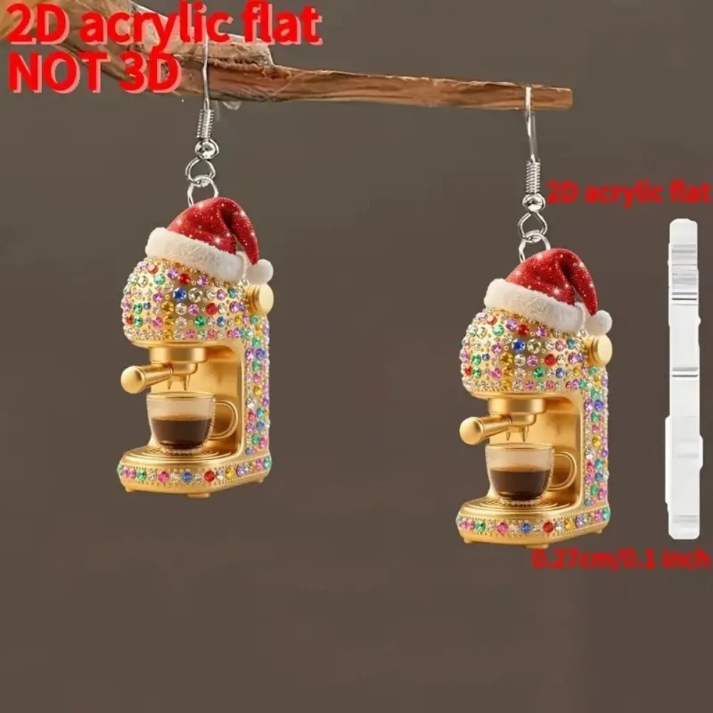 

2D Acrylic Flat Christmas Coffee Machine Earrings Rhinestone-Paved Espresso Maker Santa Hat Festive Jewelry for Women Earring
