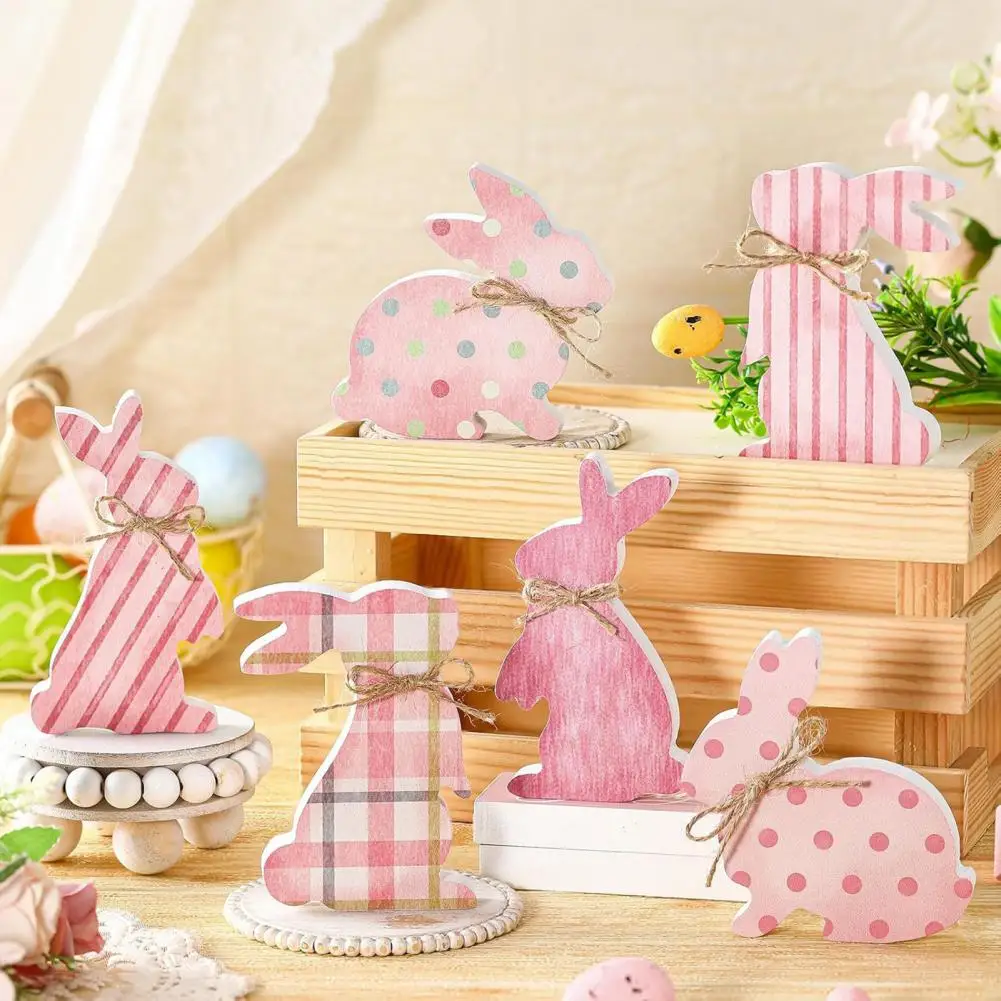 

Easter Centerpiece Decoration 6 Pcs Easter Bunny Wood Signs Rustic Pink Wooden Bunny Blocks Tiered Tray Tabletop for Spring