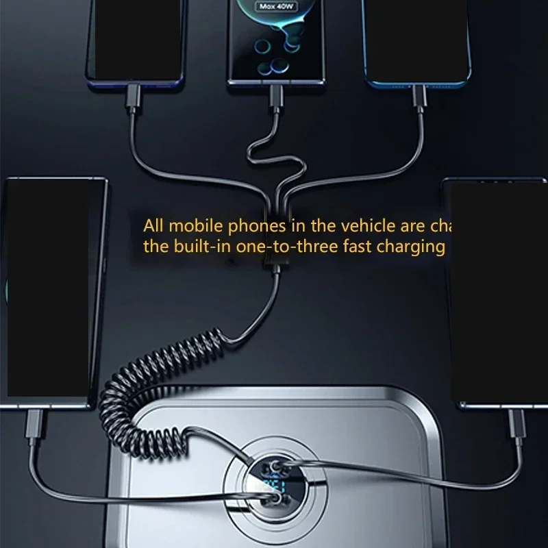 2 Ports USB Fast Car Phone Charger 3.1A with Voltage Display Car Three In One USB Retractable Charging Cable