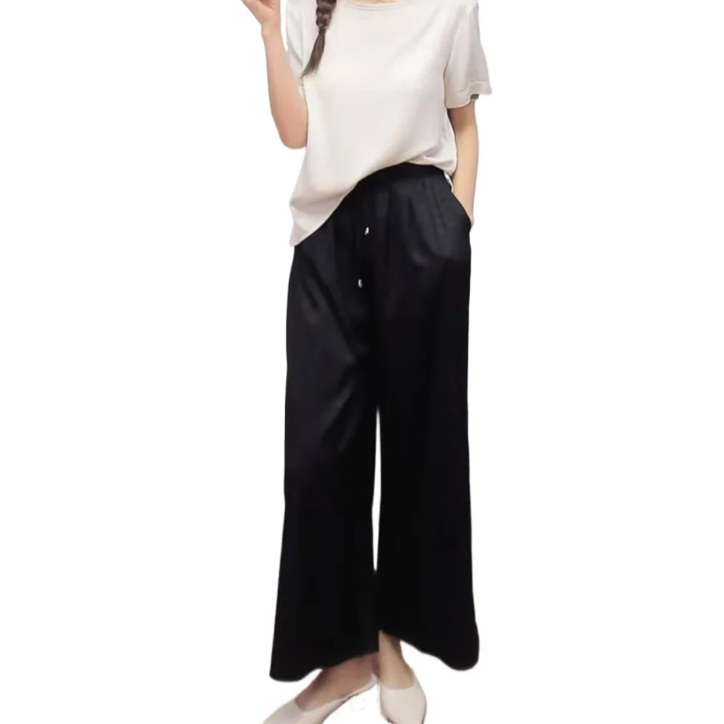 

Women's Fashion Clothing 92% Natural Mulberry Silk Elastic SangBo Satin Elastic Waist Drawstring Loose Black Wide Leg Pants