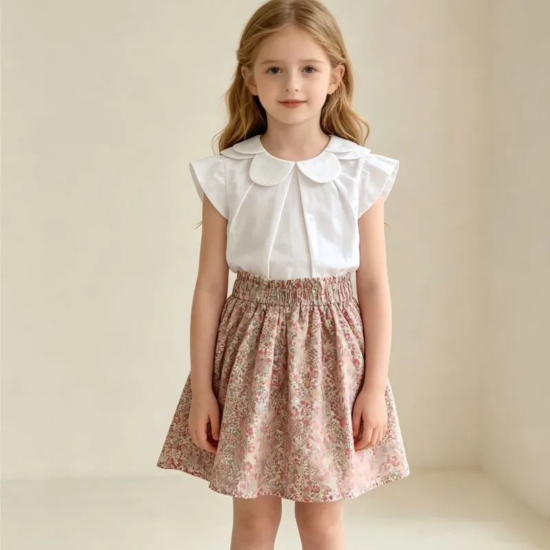 Fashion Baby Girl Princess Petal Collar Shirt +Floral Skirt 2PCS Infant Toddler Child Clothes Set Summer Baby Clothes 1-10Y