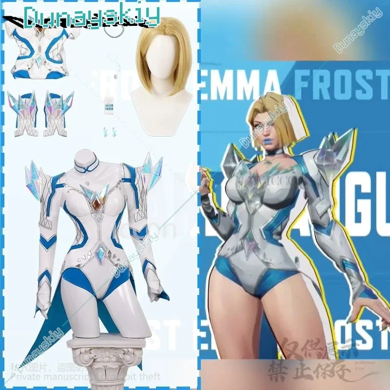 أنيمي لعبة المنافسين تأثيري الملكة إيما زي جلد أبيض مثير بذلة الخيال لوليتا أحذية الباروكات مجموعة هالوين مخصصة