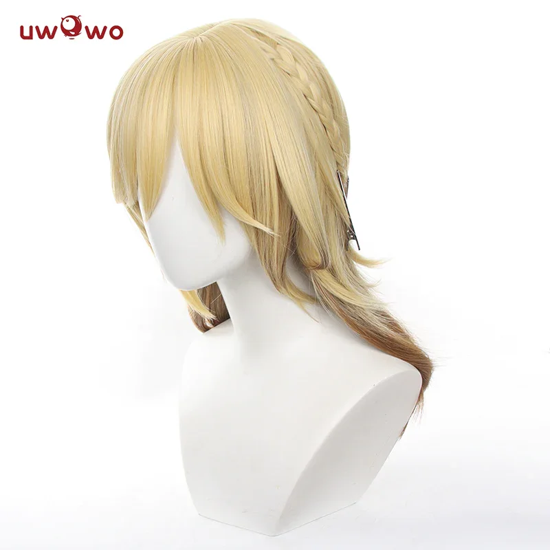 AUF LAGER UWOWO Kaveh Cosplay Perücke Mittleres Gelbes Haar 50 CM Lange Hitzebeständige Für Halloween Cosplay Tragen Outfit Perücken