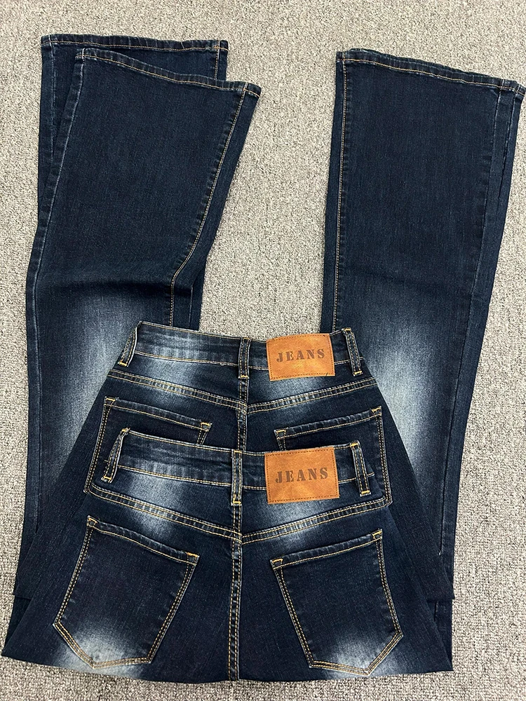 Retro azul cintura baixa queimado jeans feminino primavera 2025 fino ajuste bootcut calças compridas perna reta jeans cor profunda