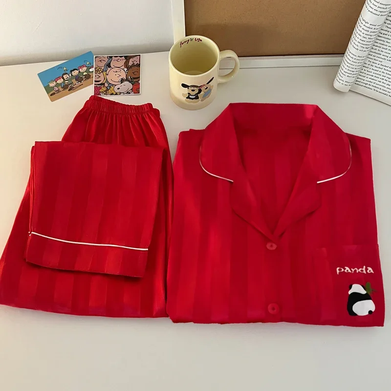 Christmas Gift Red Pajama Set for Women Two Pieces Long Sleeve Pants Casual Silk Sleepwears for Daily High-end Printed Exquisite