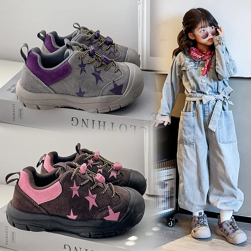 Toddler Girls Outdoor Hiking Shoes, Star Print Design, Quick Release Laces, Toe Cap Protection, Non Slip Sole for Daily Hiking