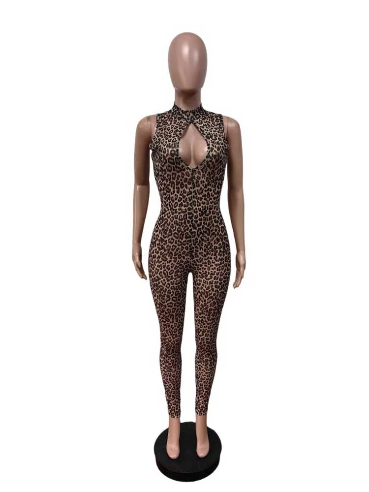 여성을위한 전체 길이 점프 슈트 원피스 스키니 여성 점프 슈트 홀터넥 넥 레오파드 프린트 점프 슈트 도매 Dropshipping