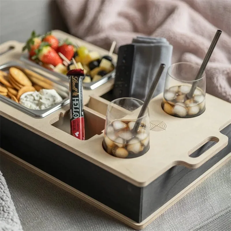 Sofa Snack Tray Wooden Beer Box Desktop Remote Control Holder Snack Burger Wooden Desktop Organizer Free Stainless Steel Bowl