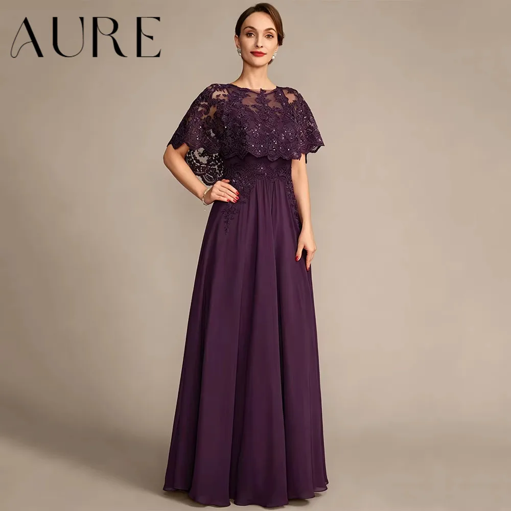 Aure Customized Mother of the Bride Dress with Cape Round Neck Sleeveless Beading Sequined Applique Wedding Guest Gown for Woman
