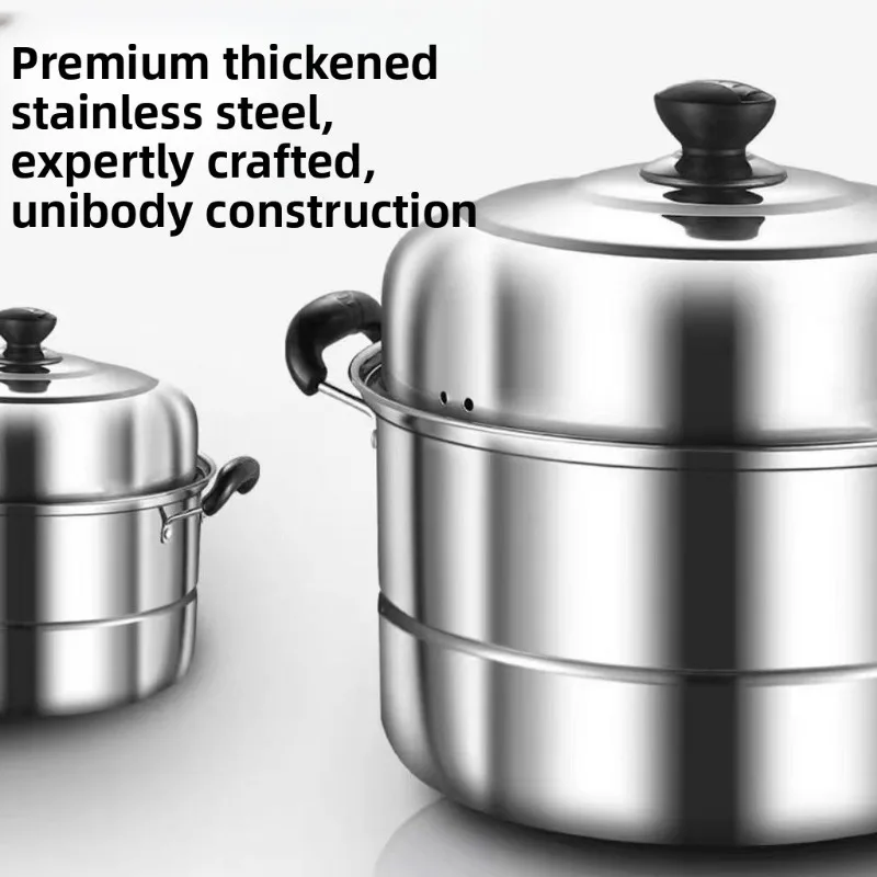 Stainless Steel Steamer Pot Set Double Layer Triple Layer Tall Thickened Induction Compatible Home Use Household Steamer Pot