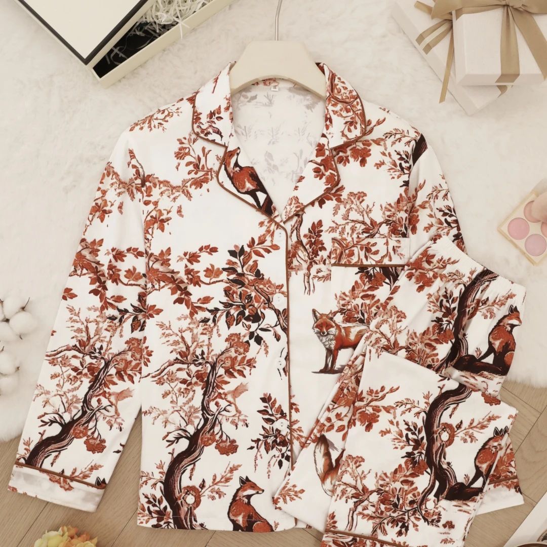 

Женский пижамный комплект на тему животных с лацканами лисы и дерева, длинными рукавами и длинной домашней одеждой, домашняя одежда, подарок на День святого Валентина