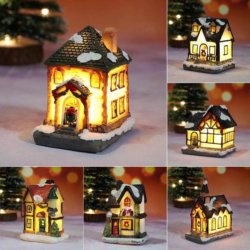 1Pc Mini Christmas House Light Miniature Landscape Resin House Ornaments For Kids Bedroom Home Decorations Xmas New Year Gift