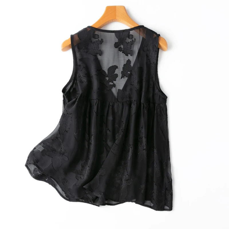 Women Silk Tank Top 100% Mulberry Silk Embroidery Loose Type Thin Black Color V Neck Vest Sleeveless Top Summer Beach M1124