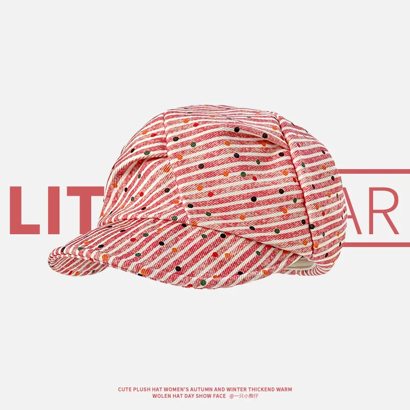 

Корейские милые розовые полосатые береты с принтом в горошек для женщин, летние и осенние дорожные универсальные ретро литературные шляпы газетчика