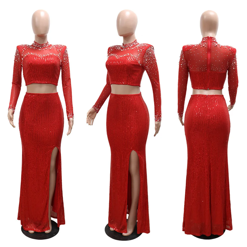 Sexy Rhinestone Dress 2 Piece Skirt Sets 2023 Luxury Evening Dress Crop Elegant Tops Winter Fall Sexy Two Piece Sets Outfit