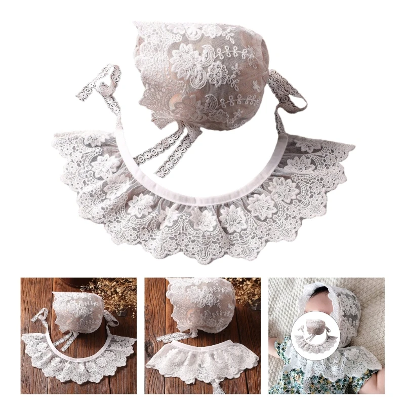 

Photography Props for Baby Girls 0-1M Infant Costume Lace Bonnet Floral Collar Bib Headwear Monthly Party Newborn Props