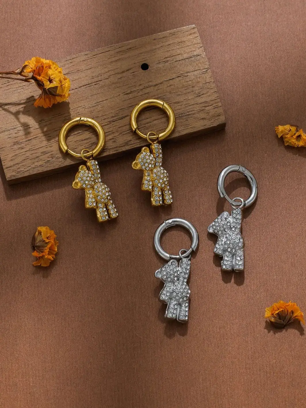 

Classic sparkling zircon teddy bear pendant earrings for women and girls, geometric gold and steel earrings, jewelry gift