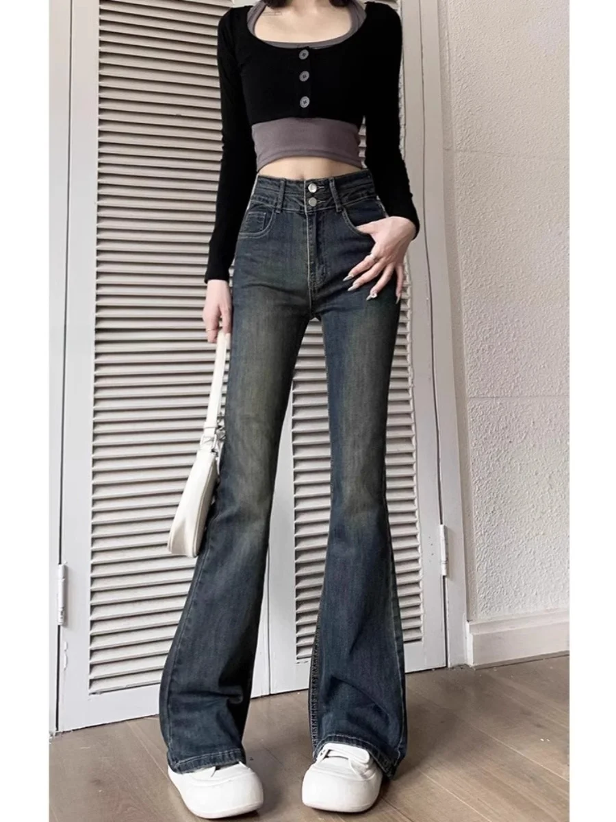 Retro Double Button Micro Flared Jeans Women's 2025 Spring Autumn New High Waist Slim Elastic Slimming  Hoof Pants