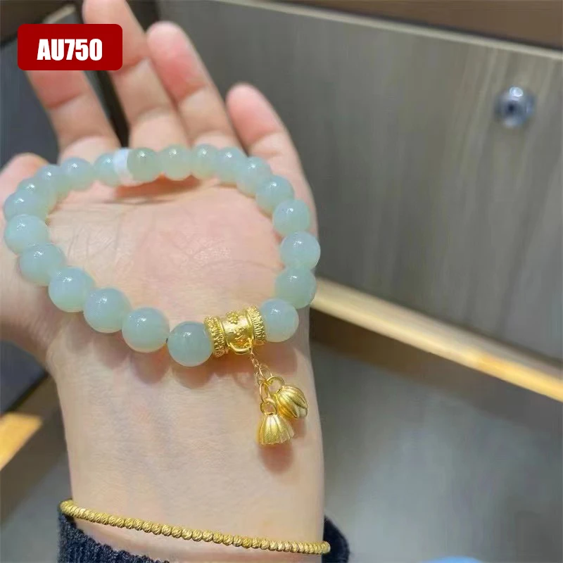 Genuine 999 Real 24K Gold Tassel Lotus Root Bracelet Fine Jewelry Jade Beads Bracelet For Woman Female Luxury Gift Fashion