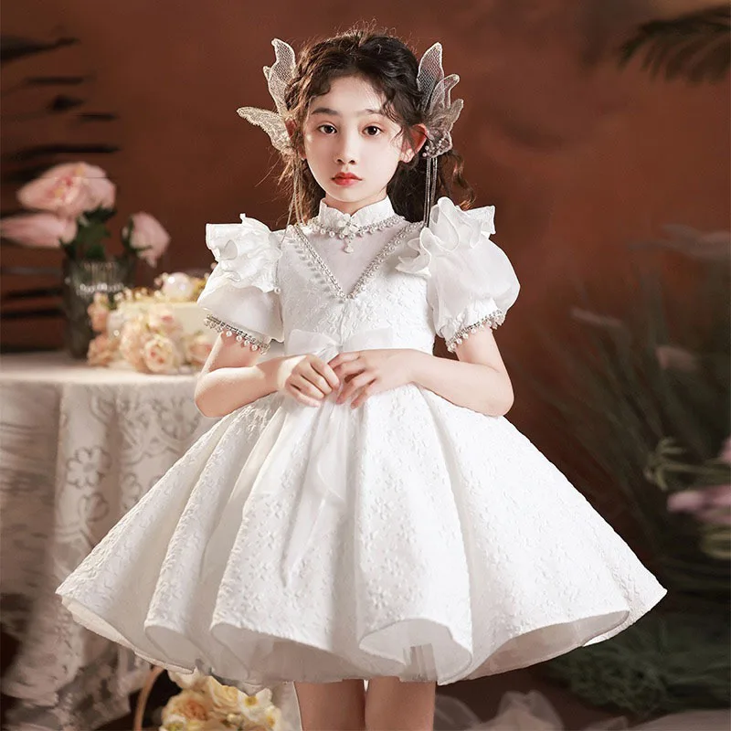 Abito da ballo per bambini Chic Tulle maniche a petalo abiti da principessa di perle abbigliamento da festa per ragazze per bambini abito da ballo con collo alto