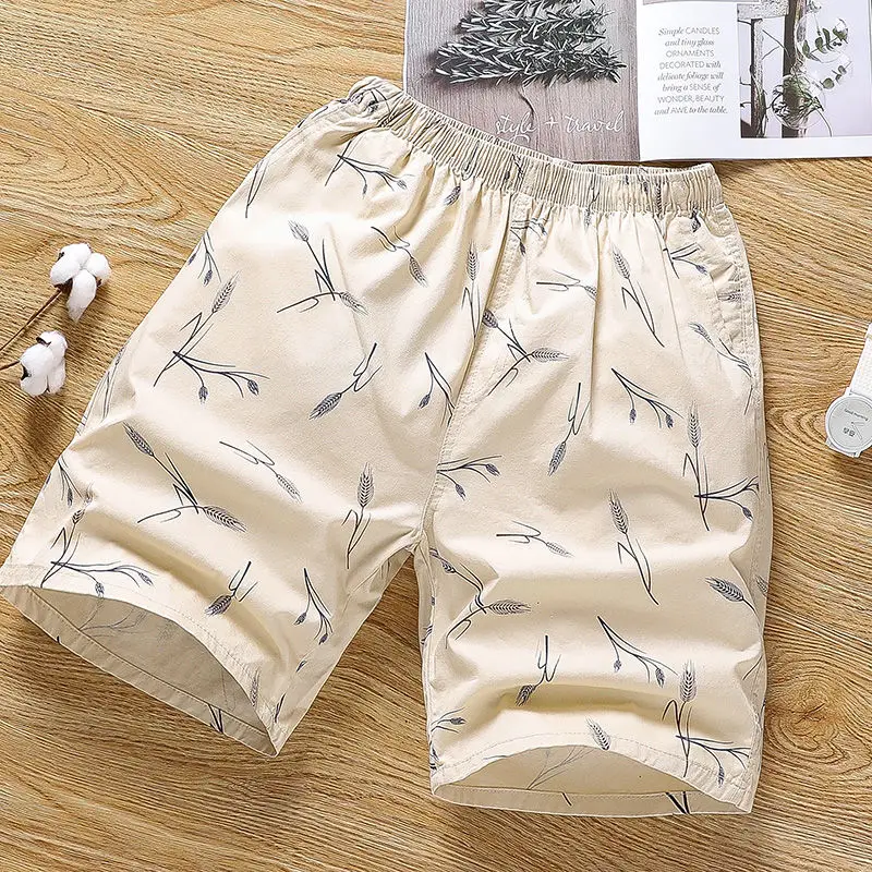 Summer New Cotton Shorts Men Breathable Thin Feather Print Pocket Elastic Waist Korean Loose Casual Sports Beach Short Pants 5XL