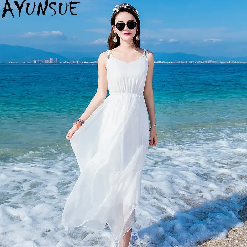 

95% Mulberry Real Silk Dress White Fairy Long Slip Dress For Women Summer Beach Holiday Dress Korean Fashion Style Robe Femmes