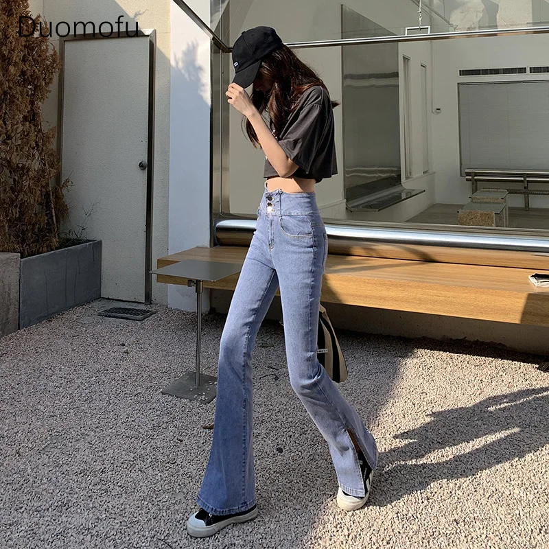 Duomofu Classic Full Length Chic Split Loose Flare Female Jeans Korean Fashion High Waist Slim Simple Casual Spring Women Jeans