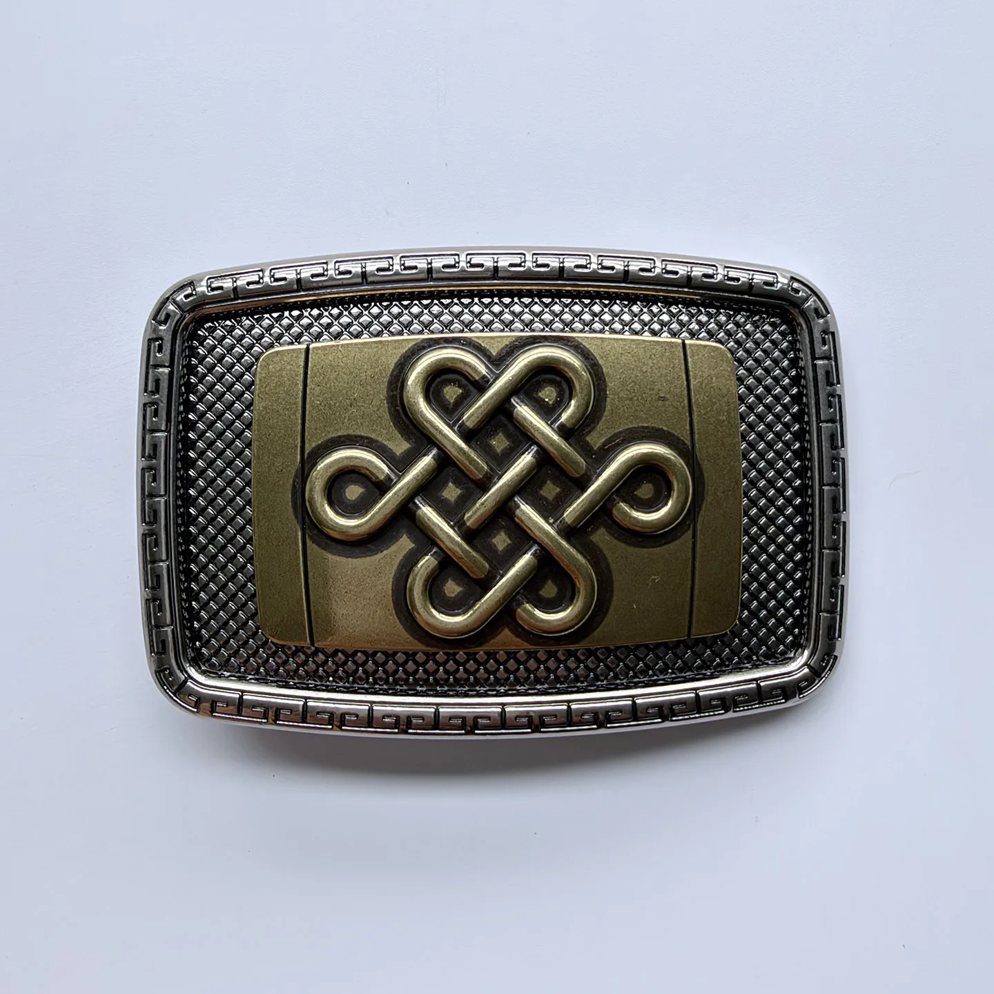 Ethnic Mongolian Style Belt Buckle Rectangular Chinese Knot Two-Tone Silver Bronze Unisex Vintage Belt Accessories BUCKLE-WG021