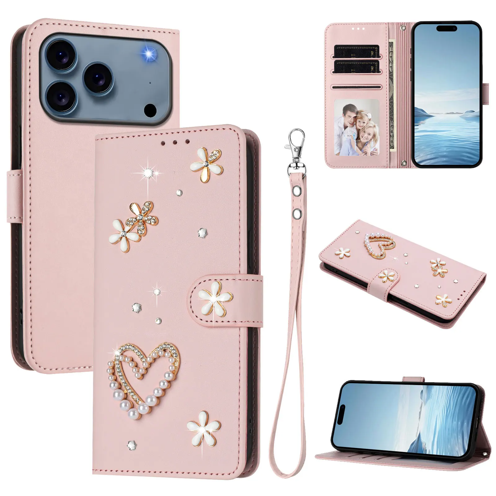 

Fashion Strap Bling Cards Solt Wallet Leather Case for iPhone 17 Pro Max 16 Plus 15 14 13 12 11 Shockproof Flip Glitter Cover