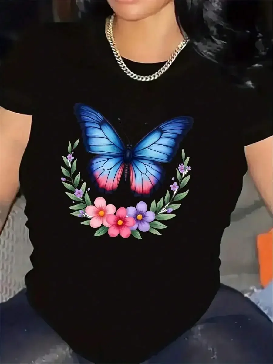 Women Short Sleeve TShirt Blue Floral Pattern Print Lightweight Durable Polyester Fabric Comfortable Casual Tee for Daily Wear