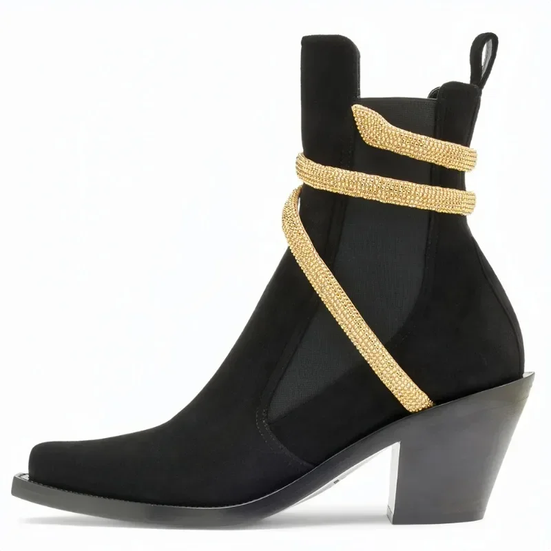 

Sexy Snake Shaped Wrapped Black Short Boots Autumn Winter New Water Diamond Stripe European American Fashion Ankle Women Boots