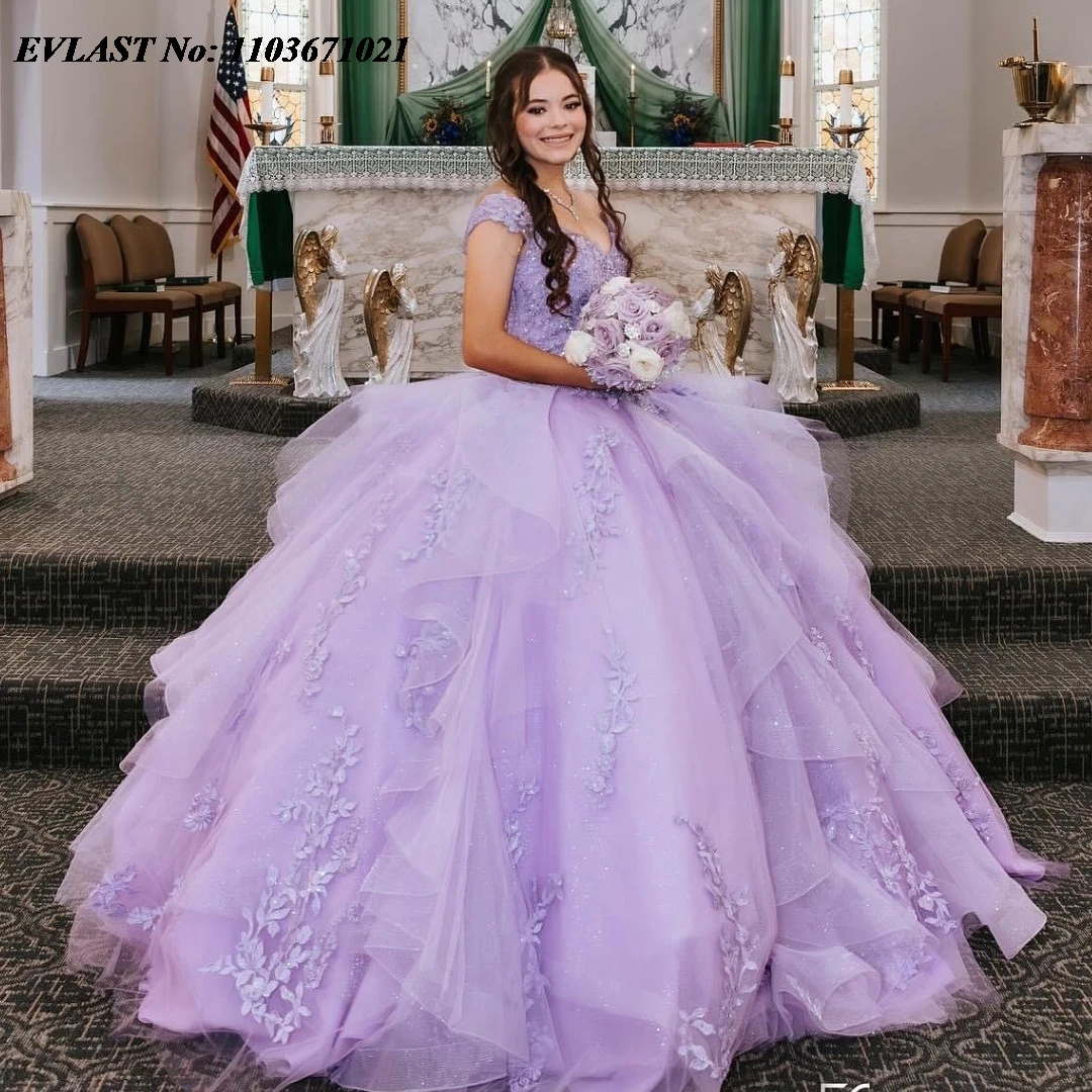 

EVLAST Mexican Lavender Quinceanera Dress Ball Gown Shiny Lace Applique Beaded Ruffles Corset Sweet 16 Vestidos De Anos SQ358