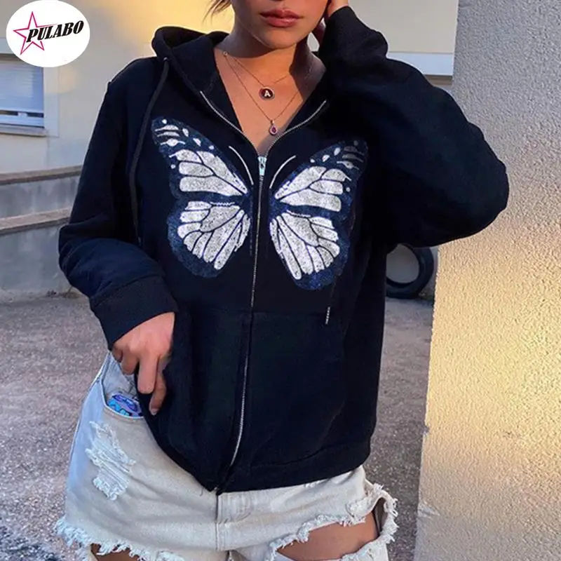 PULABO Kawaii Butterfly Graphic Cotton Black Y2K Oversized Hoodies WomenZip Up Long Sleeve Sweatshirts Streetwear Gray Top INS